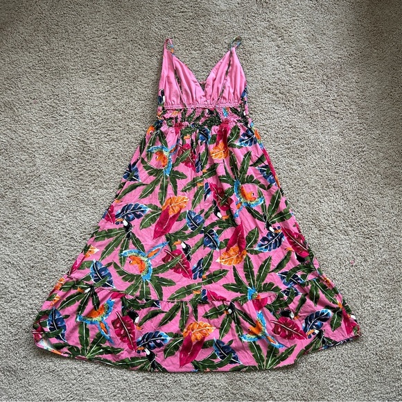 By The River Tropical Print Pink Floral Toucan Parrot Midi Dress Size Medium - Picture 5 of 9